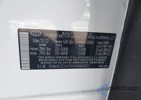 2022 Hyundai Santa Fe Sel z USA, uszkodzony, nr VIN 5NMS3DAJXNH446582